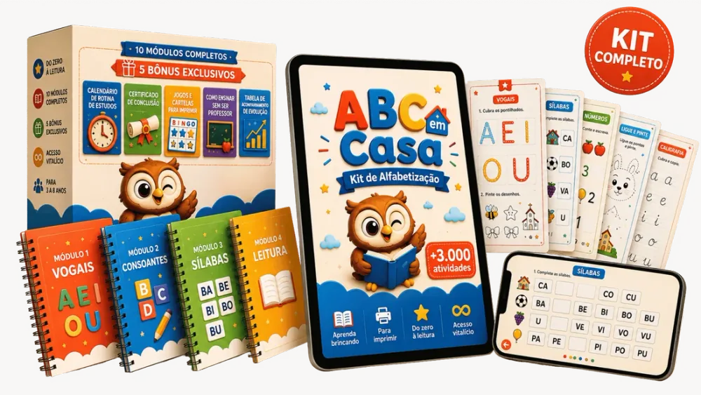 Mockup do Kit ABC em Casa completo: caixa, 10 módulos, tablet e atividades